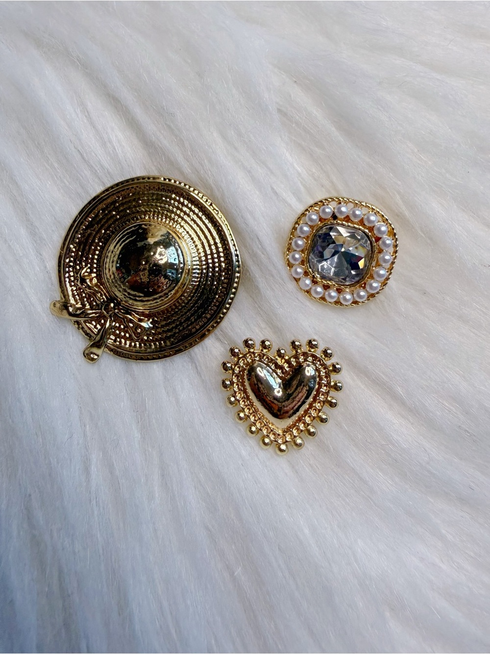 Lot of 3 Ladies Hat Brooch Pins Heart Rhinestone Crystal Gold Tone New Gift